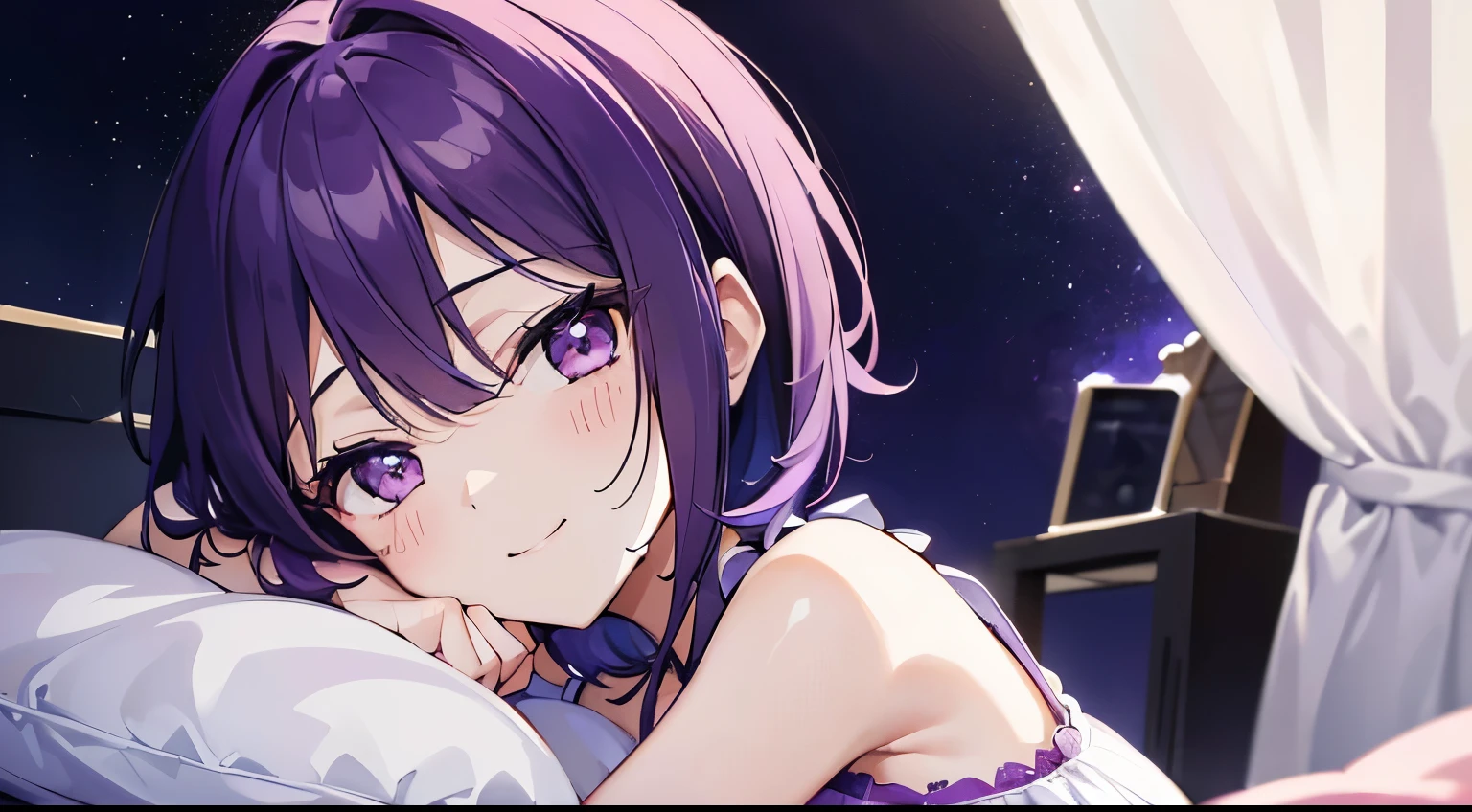 (tmasterpiece，4k wallpaper，best qualtiy))、((girl with１a person))、(独奏)、Brilliant，(Purple hair)、short-cut、a smile、close up of face、nightgown、（natta:1.3)、on the beds、murky、bedroom