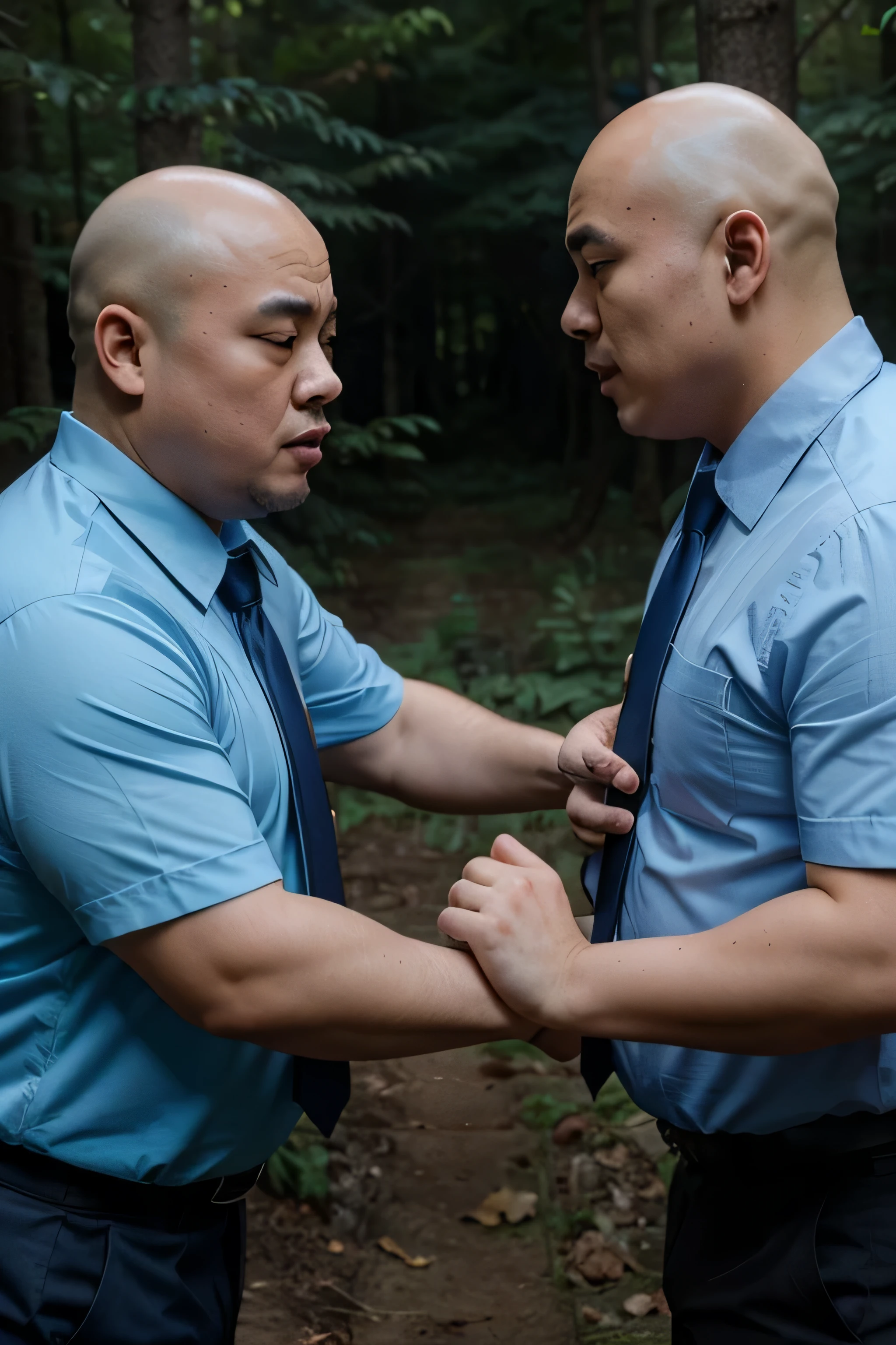 Two fat Chinese bald men wearing light blue shirts and dark blue ties are fighting in the forest