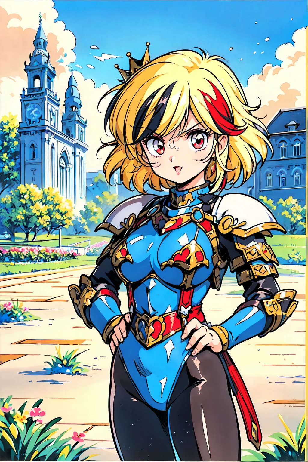"(masterpiece:1.1), best quality,
1girl, (traditional media 80s:1.4), (eyelashes:1.5), (:1.2),
(intricate high detailed body:1.2),
(yellow hair:1.1), (hair between eyes:1.1), (short hair, wavy hair:1.1), (crown:1.1),
red eyes, (lip stick:1.2),
(pale skin:1.2), (gigantic breasts:1.3),
(angry, smile:1.2), open mouth,
(body suit armor, pantyhose:1.2), (knight armor, armored boots:1.2),
(suspenders:1.1), (streaked hair:1.2), hand cuffs,
standing, (dynamic pose, action pose, hand on hip:1.2),
(upper body, cowboy shot, looking at viewer:1.1),
(daytime, grassland, outdoors:1.1)"