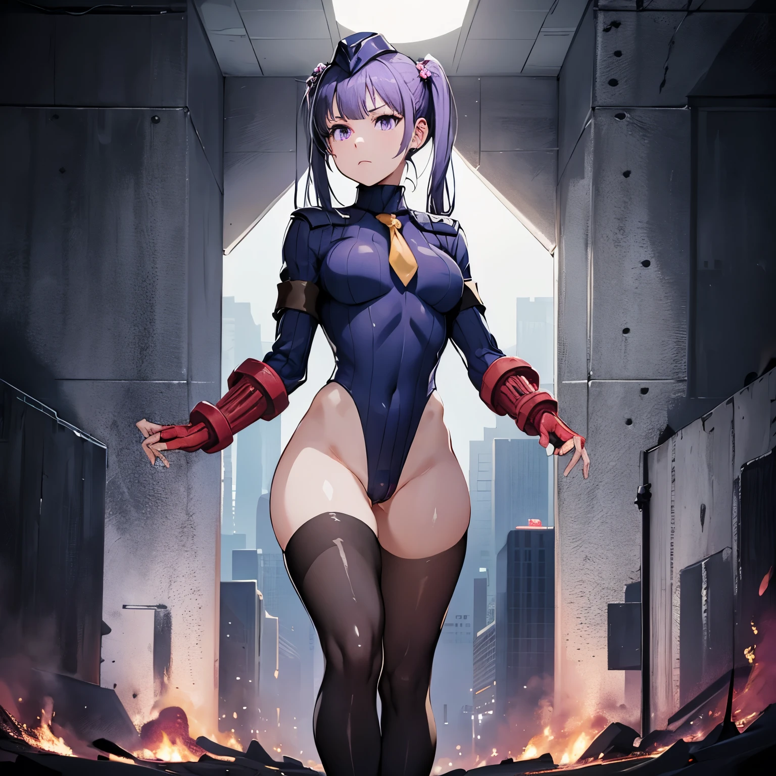 ultra-detailed, Explicit, Beautiful body, Beautiful Nose, Beautiful character design, perfect eyes, perfect face, ultra highres, 4K, beautiful legs, perfect legs, Nice hands, Perfect hand, Masterpiece, Best Quality, Highly detailed, illustration, absurdres, street fighter, doll suit, shadaloo doll, dollsuit, girls, multiple girls, expressionless, blank eyes, looking at viewer, red gloves, emotionless, black latex, corrution, mind control, female combatant, full body, hypnotized, unhappy trance, full body suit, ribbed bodysuit, both arms at side, stand up straight, obey, perfect female body, extremely glossy latex, hypnosis, hypnoLora, empty eyes, Mind control device, poses, brainwashed, submissive_pose, Slave, hat, necktie, stand up straight, standing, standing at attention, belt, latex, garter belt, thighhighs, Purple hair, purple eyes, twin tails, Aoba Suzukaze, New Game!