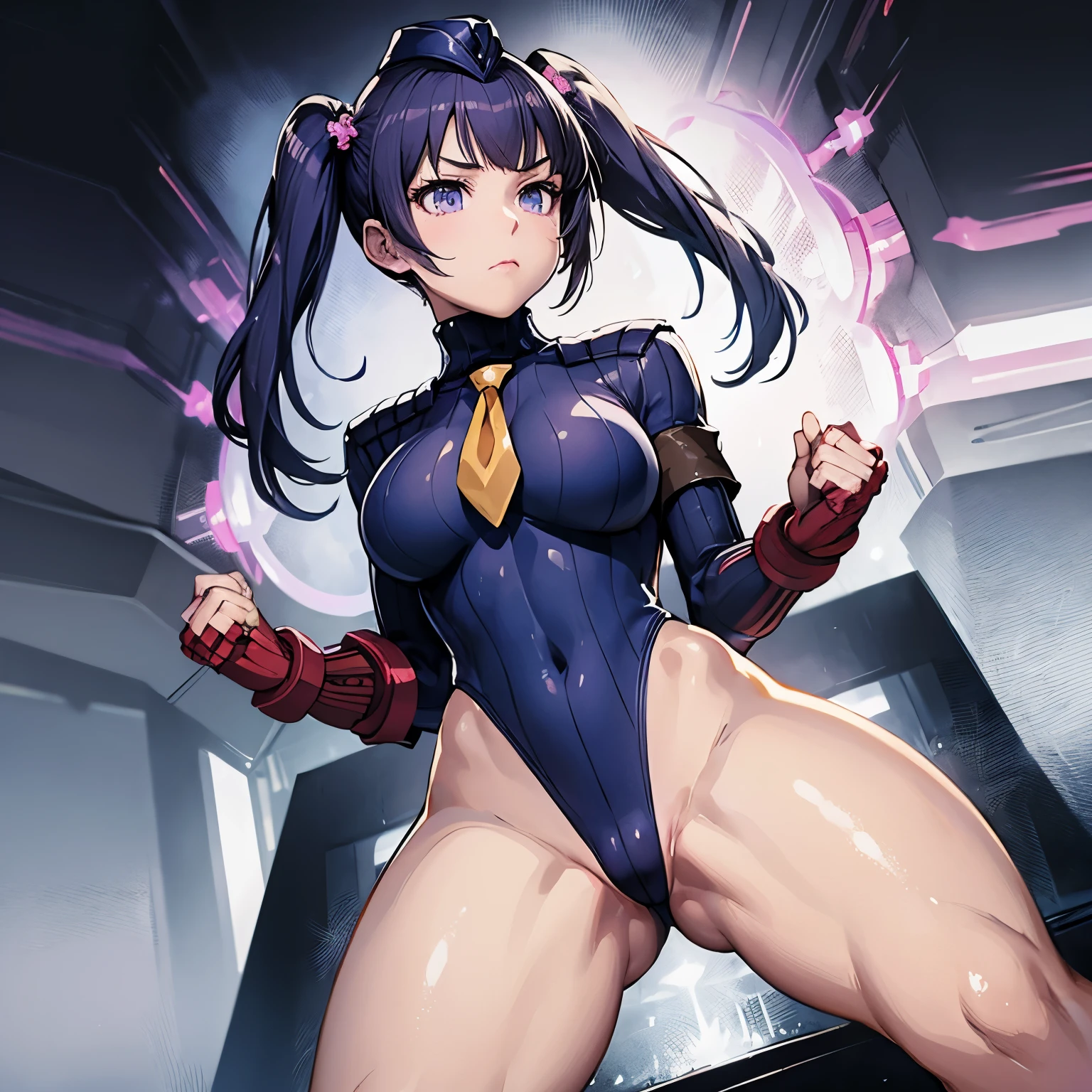 ultra-detailed, Explicit, Beautiful body, Beautiful Nose, Beautiful character design, perfect eyes, perfect face, ultra highres, 4K, beautiful legs, perfect legs, Nice hands, Perfect hand, Masterpiece, Best Quality, Highly detailed, illustration, absurdres, street fighter, doll suit, shadaloo doll, dollsuit, girls, multiple girls, expressionless, blank eyes, looking at viewer, red gloves, emotionless, black latex, corrution, mind control, female combatant, full body, hypnotized, unhappy trance, full body suit, ribbed bodysuit, both arms at side, stand up straight, obey, perfect female body, extremely glossy latex, hypnosis, hypnoLora, empty eyes, Mind control device, poses, brainwashed, submissive_pose, Slave, hat, necktie, stand up straight, standing, standing at attention, belt, latex, garter belt, thighhighs, Purple hair, purple eyes, twin tails, Aoba Suzukaze, New Game!