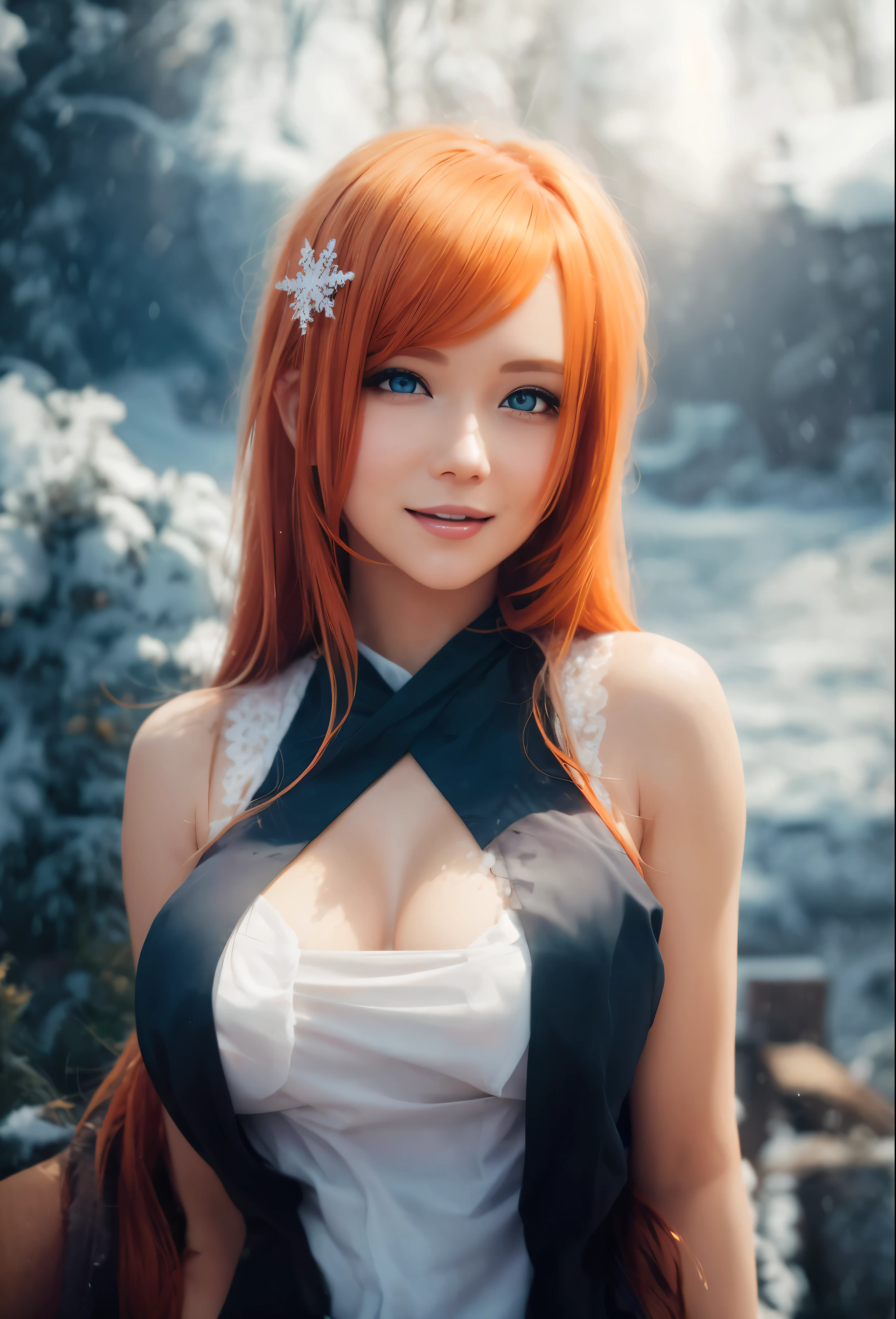 Orange hair, orange eyes, smiling White teeth, big boobs, lower the brightness of the background, big eyes , show teeth , Sno flake hairpin color white , Detailed eyes, detailed snow flake on her hair pin, Add snow fall on the background,