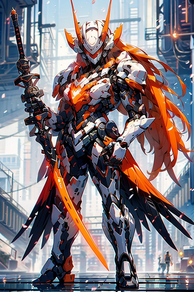 mecha musume, 1 girl, long hair, science fiction, weapon, long sword, holding sword, orange eyes, solo, headgear, holding weapon, mecha, standing