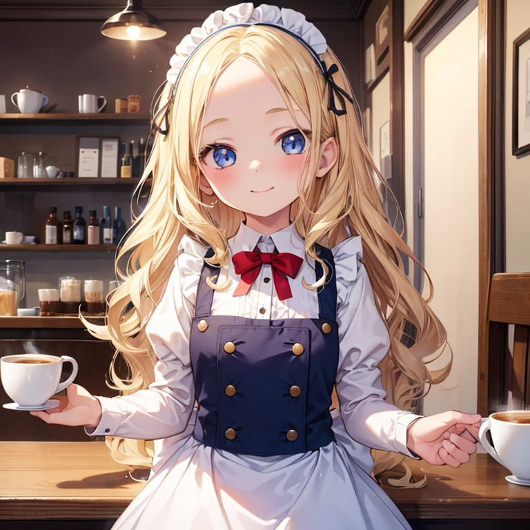 high quality, detailed, 1girl, loli, infant, 10 years old, flat breast, maid, blonde hair, wavy hair, long hair, forehead, blue eyes, happy smile, serving coffee, in cafe,