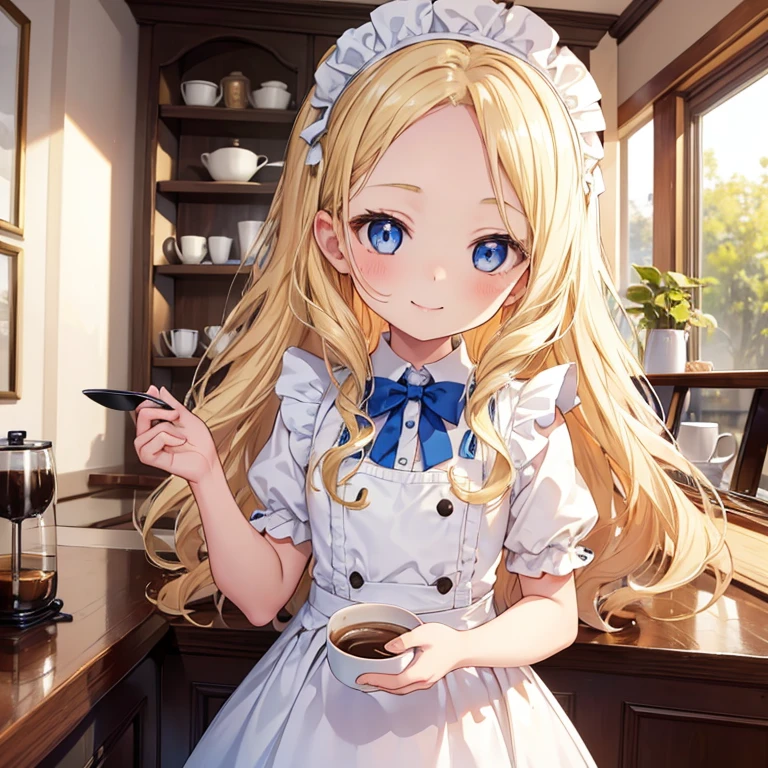 high quality, detailed, 1girl, loli, infant, 10 years old, flat breast, maid, blonde hair, wavy hair, long hair, forehead, blue eyes, happy smile, serving coffee, in cafe,