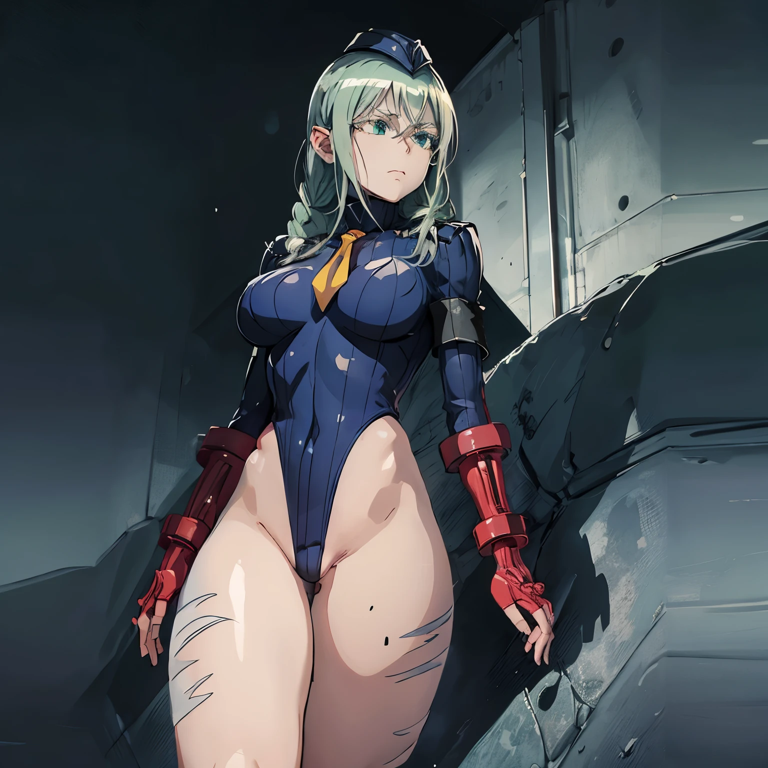 ultra-detailed, Explicit, Beautiful body, Beautiful Nose, Beautiful character design, perfect eyes, perfect face, ultra highres, 4K, beautiful legs, perfect legs, Nice hands, Perfect hand, Masterpiece, Best Quality, Highly detailed, illustration, absurdres, street fighter, doll suit, shadaloo doll, dollsuit, girls, multiple girls, expressionless, blank eyes, looking at viewer, red gloves, emotionless, black latex, corrution, mind control, female combatant, full body, hypnotized, unhappy trance, full body suit, ribbed bodysuit, both arms at side, stand up straight, obey, perfect female body, extremely glossy latex, hypnosis, hypnoLora, empty eyes, Mind control device, poses, brainwashed, submissive_pose, Slave, hat, necktie, stand up straight, standing, standing at attention, belt, latex, garter belt, thighhighs, Fighting stance, Tabira, Magical Girl Spec-Ops Asuka, green hair, green eyes, long hair, braids