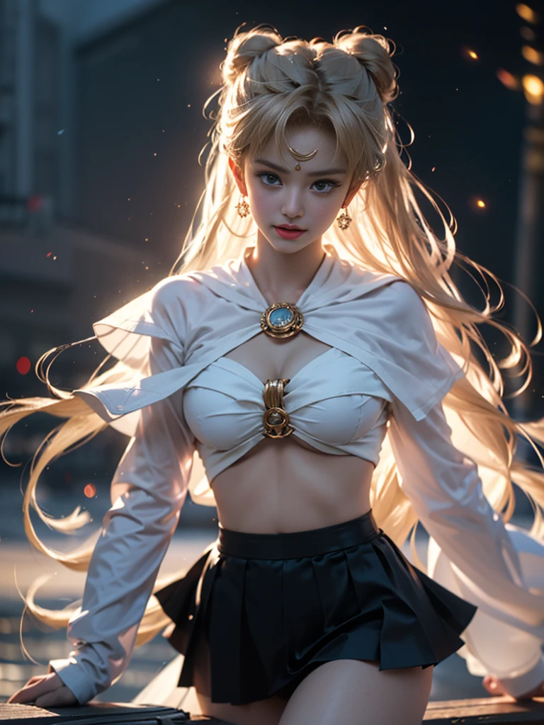 tmasterpiece，Highest image quality，super detailing，Best quality ,Extremely Delicately Beautiful, Very meticulous,Best quality, offcial art, extremely detaild的 CG unified 8k wallpapers,（CG Unity 8K wallpaper in extreme detail，tmasterpiece，Highest image quality)，(Delicate light and shadow，The picture is highly dramatic，Cinematic lens effect)， （the sailor moon：1.1），Charming smile，double tails， eBlue eyes，golden hair， Skinny lace top，whitegloves， mini-skirts，dynamicposes)，The background is the universe(Exceptional detail，The lighting effect is outstanding，Vista wide angle)，(Excellent rendering，Enough to stand out from the crowd)，Sexy big breasts，The sexiest look，Twisted braided kini swimsuit，Dreamcatcher earrings，The most beautiful woman in the world，（Beautiful big breasts，Deep，The kinky is exposed，Camel toes，Taste，black silk clothing，），Beautiful girl transformed，