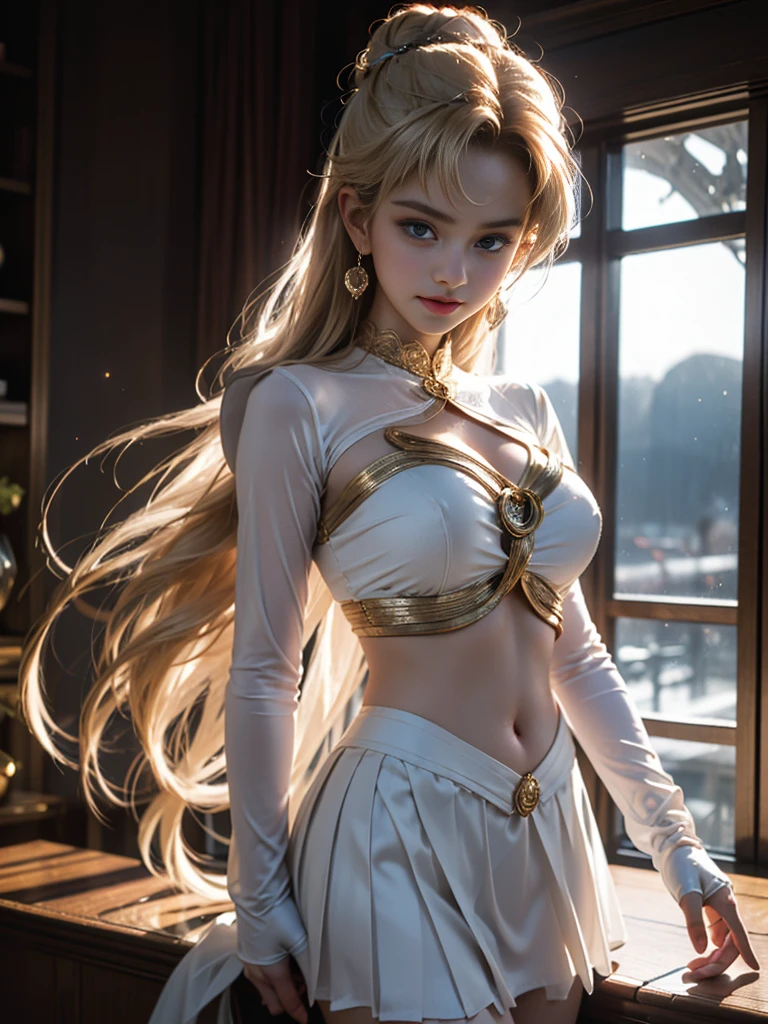 tmasterpiece，Highest image quality，super detailing，Best quality ,Extremely Delicately Beautiful, Very meticulous,Best quality, offcial art, extremely detaild的 CG unified 8k wallpapers,（CG Unity 8K wallpaper in extreme detail，tmasterpiece，Highest image quality)，(Delicate light and shadow，The picture is highly dramatic，Cinematic lens effect)， （the sailor moon：1.1），Charming smile，double tails， eBlue eyes，golden hair， Skinny lace top，whitegloves， mini-skirts，dynamicposes)，The background is the universe(Exceptional detail，The lighting effect is outstanding，Vista wide angle)，(Excellent rendering，Enough to stand out from the crowd)，Sexy big breasts，The sexiest look，Twisted braided kini swimsuit，Dreamcatcher earrings，The most beautiful woman in the world，（Beautiful big breasts，Deep，The kinky is exposed，Camel toes，Taste，black silk clothing，），Beautiful girl transformed，