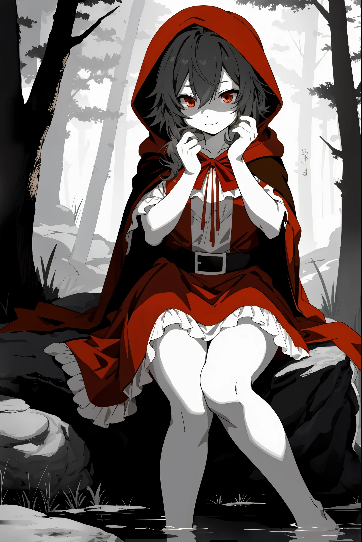 top quality, best quality, highres, unparalleled masterpiece, perfect artwork, paid reward available, anime girl in red riding hood sitting on rock in forest, an anime drawing by Shitao, pixiv, fantasy art, grayscale phtoto with red dress, red riding hood, dressed in a beautiful red cloak, wolf, little red riding hood, thief red riding hood, beautiful anime art style, high quality anime art, high quality anime artstyle, at pixiv, monochrome,
