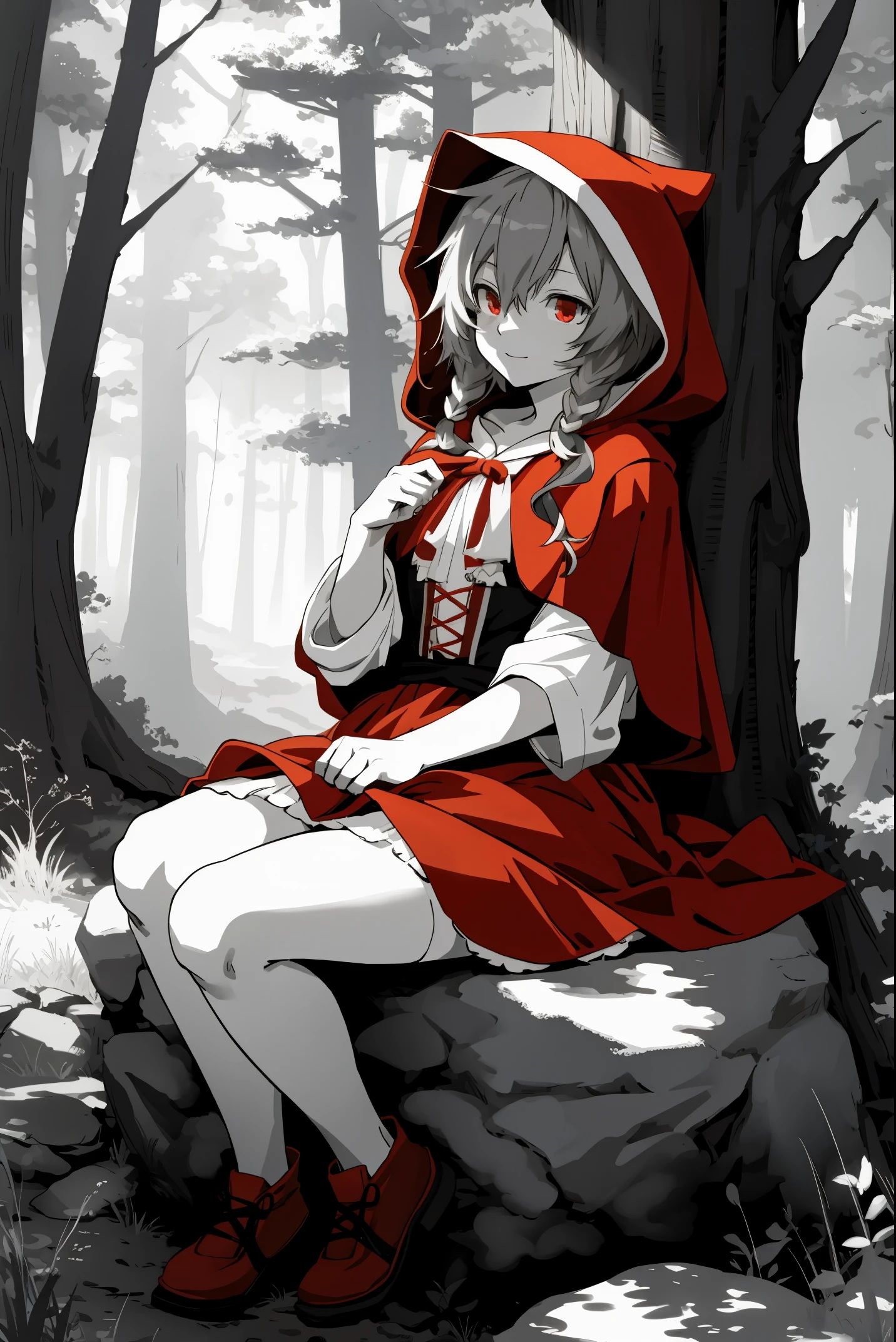 top quality, best quality, highres, unparalleled masterpiece, perfect artwork, paid reward available, anime girl in red riding hood sitting on rock in forest, an anime drawing by Shitao, pixiv, fantasy art, grayscale phtoto with red dress, red riding hood, dressed in a beautiful red cloak, wolf, little red riding hood, thief red riding hood, beautiful anime art style, high quality anime art, high quality anime artstyle, at pixiv, monochrome,