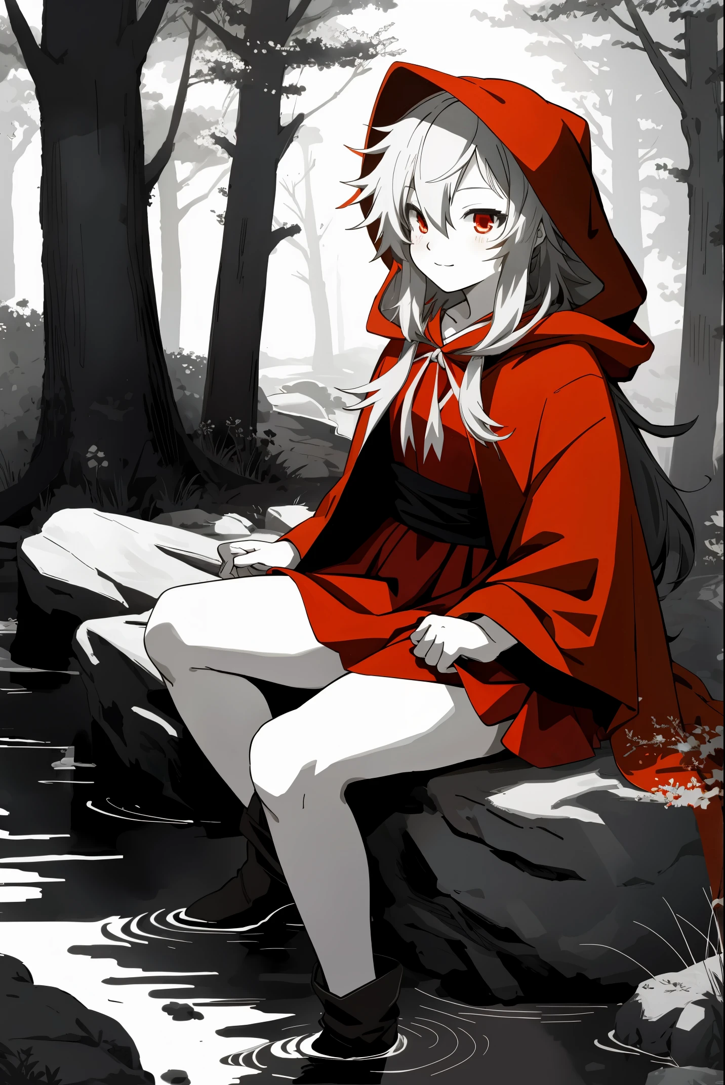 top quality, best quality, highres, unparalleled masterpiece, perfect artwork, paid reward available, anime girl in red riding hood sitting on rock in forest, an anime drawing by Shitao, pixiv, fantasy art, grayscale phtoto with red dress, red riding hood, dressed in a beautiful red cloak, wolf, little red riding hood, thief red riding hood, beautiful anime art style, high quality anime art, high quality anime artstyle, at pixiv, monochrome,