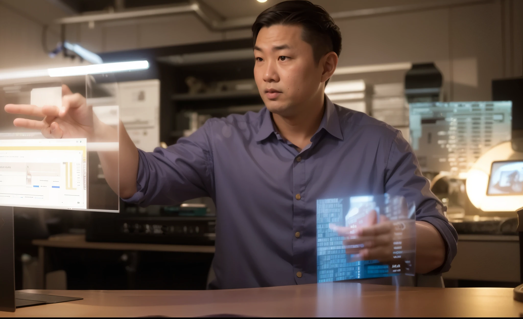 A rough man in a blue shirt pointing at the screen々Images, Data holograms, Holographic interface, Eric Hu, Computers and holograms, andrew thomas huang, future technology, reddit post, future technologynology, jon kuo, AI researcher, Christopher , john park, steve zheng, advanced technique, reuben wu, innovation, In the future