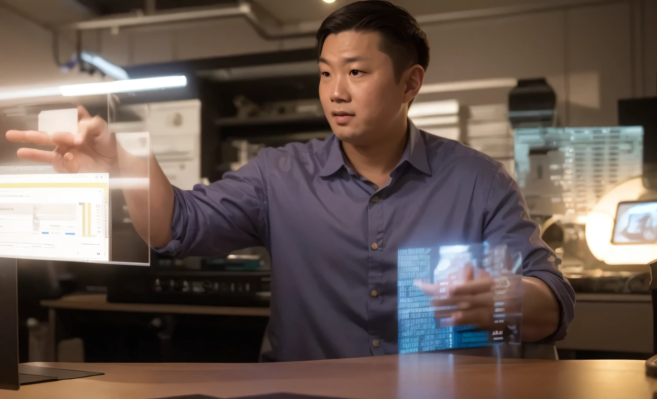 Ara in a blue shirt pointing at the screen々Shishi Man々Imagen, Data holograms, Holographic interface, Eric Hu, Computers and holograms, andrew thomas huang, future technology, reddit post, future technologynology, jon kuo, AI researcher, Christopher , john park, steve zheng, advanced technique, reuben wu, innovation, In the future