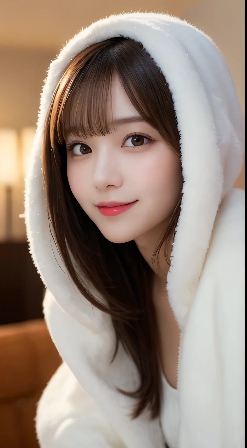 masutepiece, Best Quality, Illustration, Ultra-detailed, finely detail, hight resolution, 8K Wallpaper, Perfect dynamic composition, Beautiful detailed eyes, white fluffy winter clothes,Medium Hair,small tits,Natural Color Lip, Bold sexy poses,Smile,mansion(a room)、20 years girl、Cute、sexy look at the camera,perfect and beautiful face and fingers,Take close-up photos of your face,Take only the face,Background blur