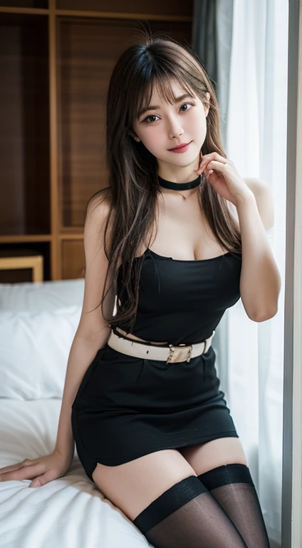 A 23-year-old woman wearing a bold miniskirt in a luxurious room, posterior view, Bold poses，Office Suits, Black stockings, garterbelts, No bra and white blouse, choker necklace, ssmile,Young Pretty Gravure Idol, Young Gravure Idol, Young gravure idols, Young skinny gravure idol, sophisticated gravure idol, masutepiece, Best Quality, exceptionally detailed RAW color photo, professional-grade photograph