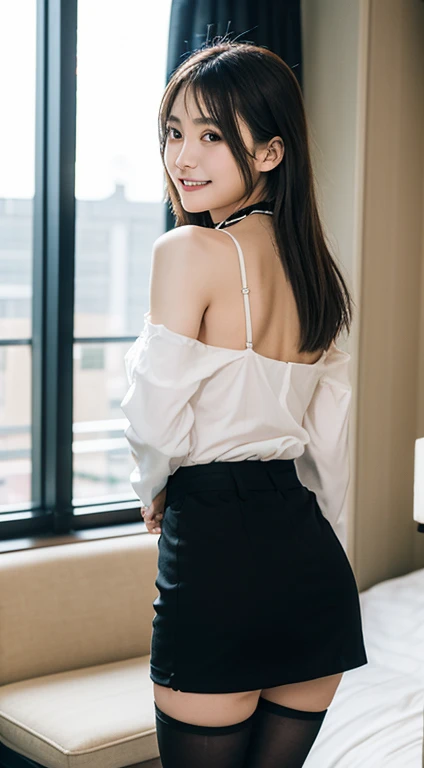 A 23-year-old woman wearing a bold miniskirt in a luxurious room, posterior view, Bold poses,Office Suits, Black stockings, garterbelts, No bra and white blouse, choker necklace, ssmile,Young Pretty Gravure Idol, Young Gravure Idol, Young gravure idols, Young skinny gravure idol, sophisticated gravure idol, masutepiece, Best Quality, exceptionally detailed RAW color photo, professional-grade photograph