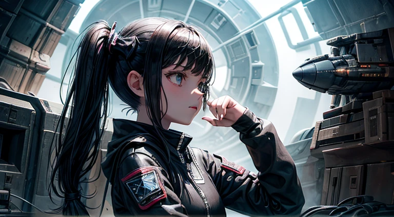 a  girl in black pigtails, spaceship, space ship, futuristic