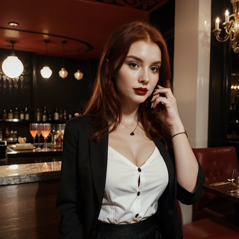 Create a realistic photo of a red-haired woman with the same face as this photo, wearing a black skirt with a white blouse and a black blazer, dark red lipstick, an expensive restaurant, drinks, exotic food, music, decorations.