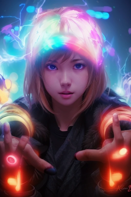 arafed image of a girl with a blue light in her hands, ross tran 8 k, powering up aura, anime style mixed with fujifilm, portrait of max caulfield, connected with glowing tubes 8 k, wojtek fus, full portrait of electromancer, junji ito 4 k, cinematic lightning and colors, anime lighting, little girl with magical powers