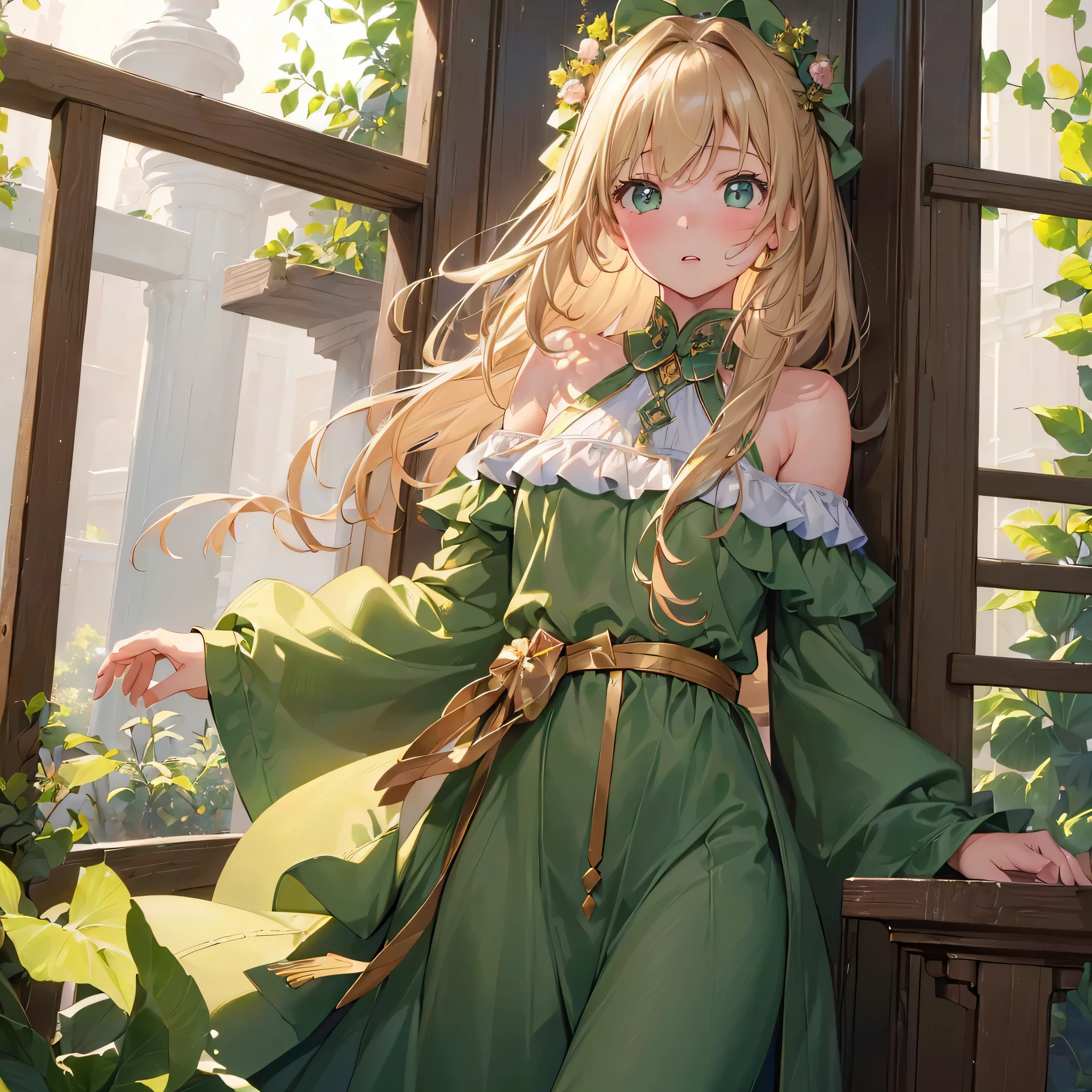 (Best Quality:1.4, High resolution:1.4, masutepiece:1.4), Ultra-detailed, Realistic:1.37, (1 girl:1.5), Surprised, blush, Lips apart, Medium Hair, Looking at the viewer, Facing the front, green tunic, Bare shoulder, Indoor, standing straight