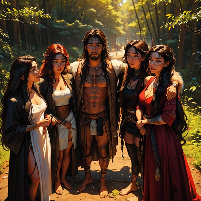 Muscular Handsome European ( tall&==((short-haired))) shirtless barbarian man absolutely surrounded and being hugged and touched by (((three))) sexy women punk primitive harem girlfriends bitches feeling his muscles and groin, women: curvy with wide hips and nice asses in flattering sexy primitive fantasy clothing, tunics and togas and robes and dresses, women: black hair and blonde and redhead, European and Asian and middle eastern and African and indigenous , each person has a different hair color and race and skin color, three of the hottest women to ever live , loving this man, the three women share him as a boyfriend and enjoy helping him feel pleasure together, there are so many gorgeous women are here around this one man, expressions of ecstasy and joy and love on their faces, wrestling , hugging, tackling, massaging, grinding, Flirtatious, sexy medieval fantasy clothing made of fur and silk, lounging in a tent in a magical forest, worshipping him, sexual, kissing, sexualized positions, glowing glistening wet skin, tattoos, , jewelry, faces of pleasure and joy, pressing themselves together, romance novel cover poses, women competing for attention , one woman to his right and one woman to his left and one woman behind him, full body shot, (((ONLY ONE MAN))), orgy,