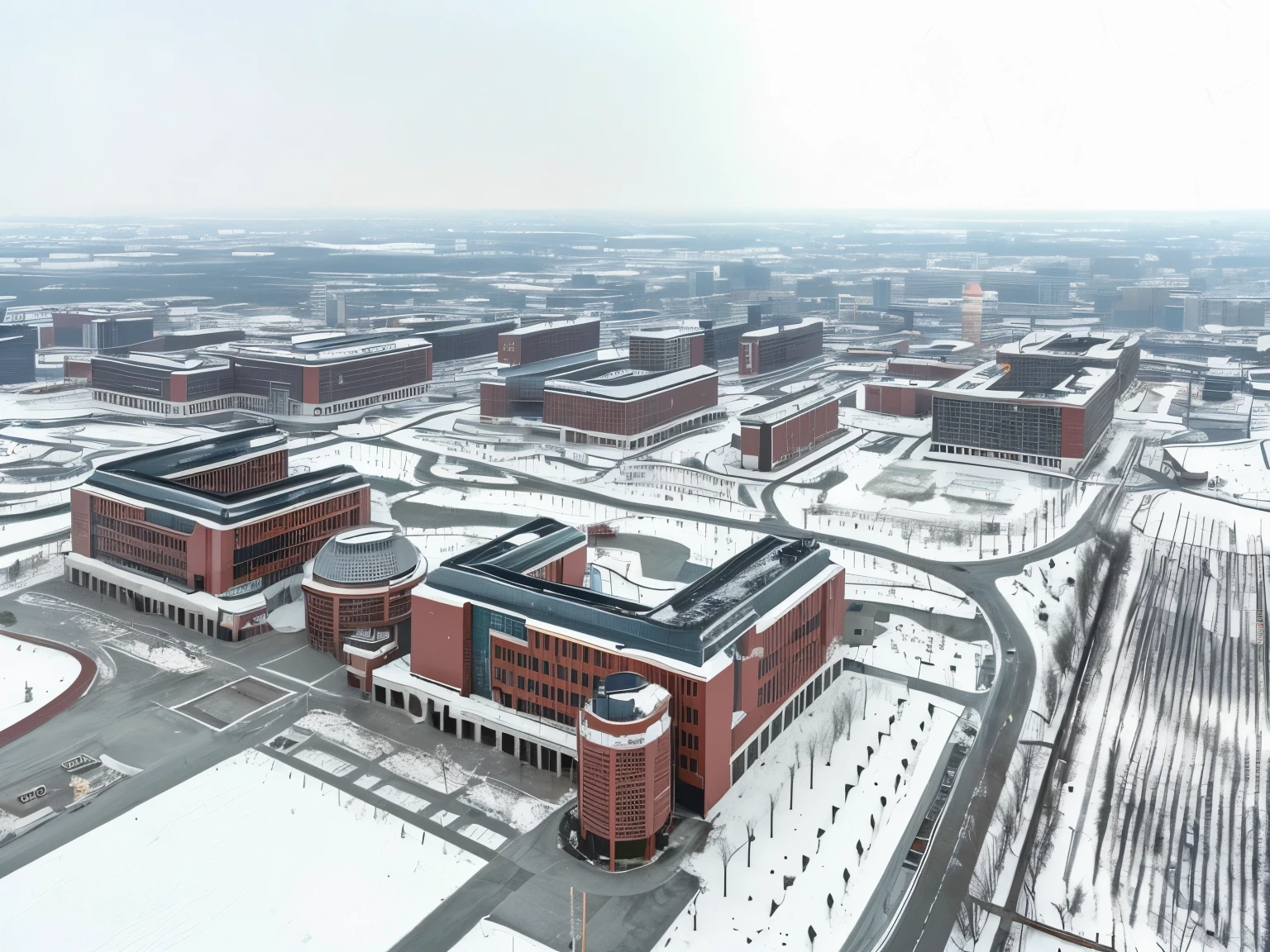 Aerial view of large building with lots of snow on the ground, 研究Complex, medical research facility, college, “wide wide shot, research center, wide wide shot, Complex, IU, Photos from 2022, huge towering magical college, Wide-angle panorama, neo norilsk, 超高分辨率, post-processed)