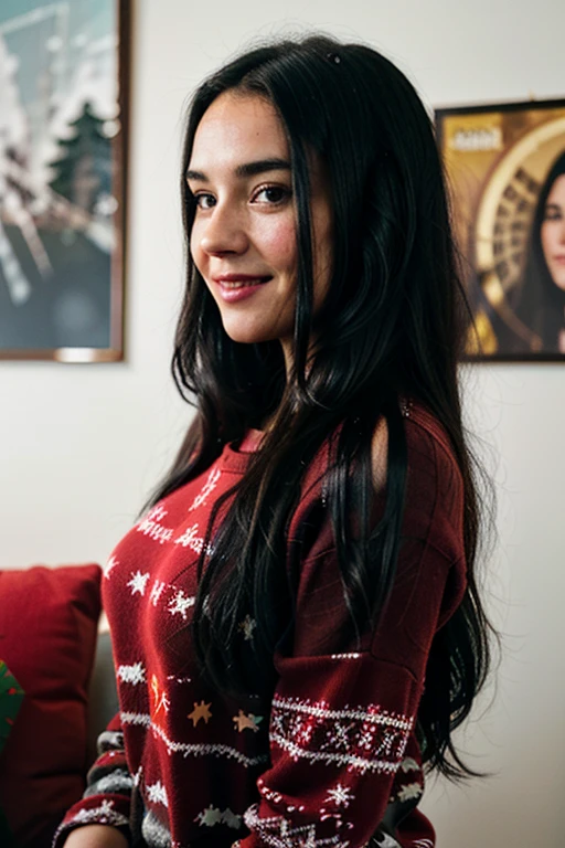 arafed woman with long black hair wearing a red christmas jumper, female with long black hair, with straight black hair, profile picture, with black hair, profile picture, smiling young jennifer connelly, charming woman, reassuring smile, cute smile, sweet eyes, christmas time, holidays, warm atmosphere, fireplace, e-girl pose, streamer girl, ASMR girlfriend, looks incredible, (8k, Raw photo, Highest quality),(epic realistic:1.5), Superior quality, perfect, natural, girl with long black hair, black hair and big eyes, new woman with long dark hair, girl with black hair wearing a hoodie, big breasts, instagram pose, instagram model, (Ultra-detailed, Complex detail), sharp focus, soft colors, 8k, Absurd, 8mm film grain, photography, relaxed with camera