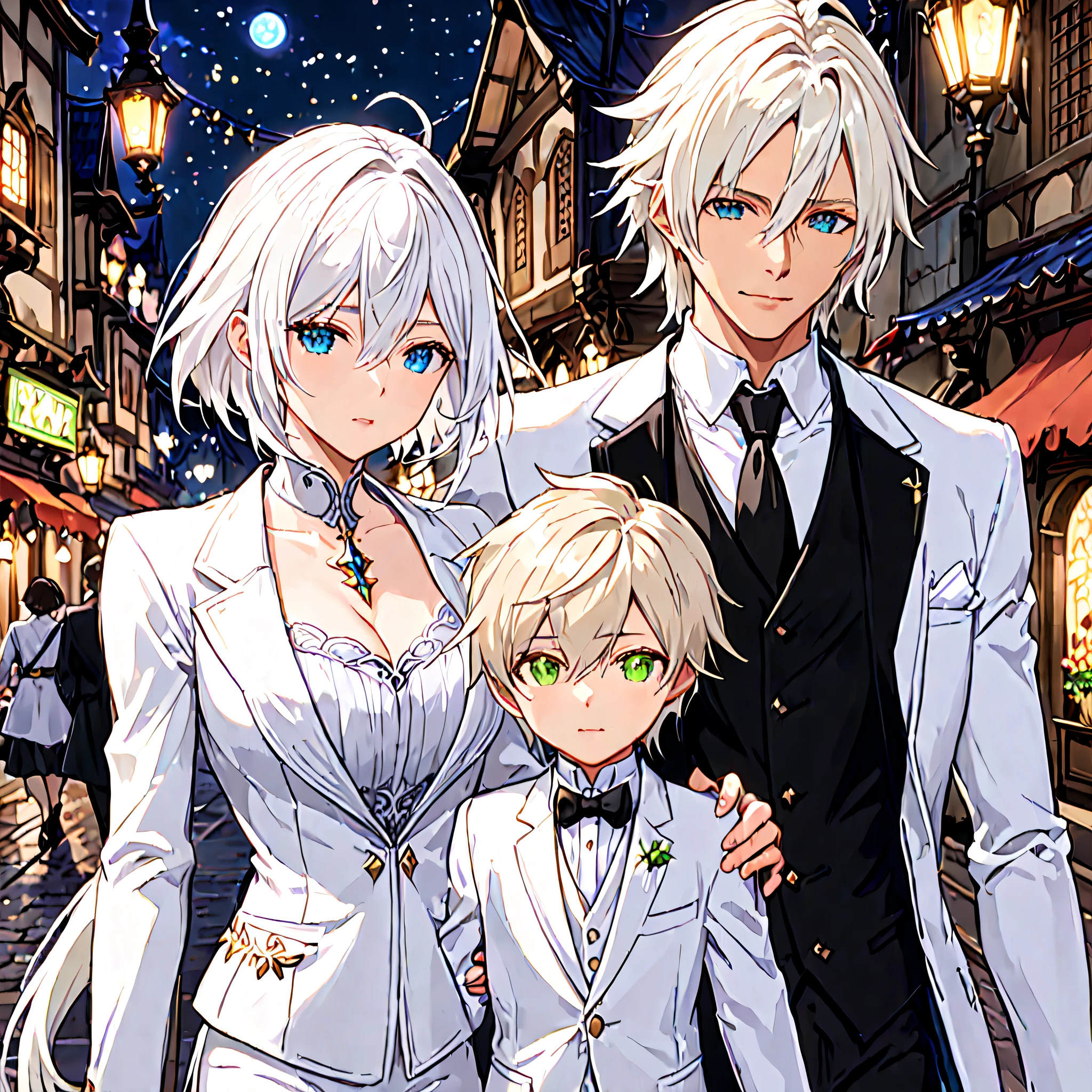 ((Close-up, Eye-level)). 1Tall-Woman, long white hair, A white Skinny fit suit and large cleavage. 1Man, lime eyes, short hair-pale-gold. 1Boy, Son,Lalafell, with short hair, blue-eyes, he wear elegant, All are elegantly dressed in matching formal white attire. A happy family walking through the nighttime streets. Background: The bustling nighttime citylandscape from FFXIV. Soft, warm nighttime lighting. best quality, masterpiece, ultra-detailed, 8k.