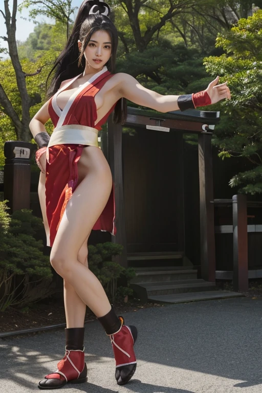 (mai shiranui:1.6), (tabi:2.0), (toe:1.2), (Full body portrait:2.0), Full body, (Realism), (masutepiece:2.0), (Best Quality), (ultra-detailliert), (8K, 4K, Convoluted), (Flat Lighting:1.2), (skinny), Prestige, Brown eyes, Long hair, brown eyes, long hair, brown hair, white ribbon, sleeveless, ponytail, sash, pelvic curtain, arm guards, gloves, tabi, fascinated expression, Sexy eyes, slim, medium breasts, Smile, Cute, view the viewer, Long hair, Close to Japan temple, (breasts focus:1.2), (Realistic:1.2), (Full Shot: 1.2), (85 mm), light Particle, Lighting, (Highly detailed:1.2), (Detailed face:1.2), (gradients), SFV, Colorful, (Detailed eyes:1.2), (Detailed temples of Japan: 1.2),(Detailed background), (Dynamic Angle:1.2), (Dynamic Pose:1.2), (Line of action:1.2), Wide Shot, Daylight, Solo.