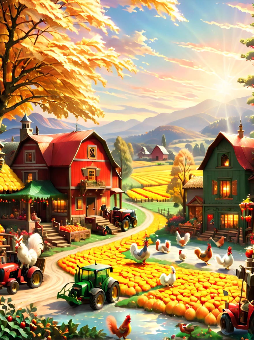 (tmasterpiece:1.2), (Faraway view:1.8), ultra - detailed, (actual, realistically:1.37), vivd colour, magical ambiance, Whimsical, Comfortable，(Farm life: 1.8)，(Red roofs and surrounding golden wheat fields and colorful orchardarmers are harvesting with combine harvesters and scythes，and load the fruit onto the truck，，cavalos、taur、Animals such as chickens and ducks play in the farm，An oak tree laden with golden acorns，squirrels，autumnal，The wedding was held under the oak tree)。(((画面捕捉到了丰收的喜悦和和谐的Farm life)))，(Ghibli-style colors, first person perspective, hyper HD, tmasterpiece, Acura, Anatomically correct, ctextured skin, super detailing, high detal, high high quality, Award-Awarded, Best quality, 8K), hyper realisitc的, Psychedelic, Complicated details, Beautiful texture, Ethereal, like a dream, Soft glowing light, Charming Patterns, Fantasy Farm, Hidden surprises, fantastic farm scenery, hyper realisitc的 color palette, Mystic aura, hyper realisitc, Enchanting journey, psychedelic trip, vivid imagination, immersive experience, mysterious creature, otherworldly charm, glowing paths, Light up a magical Christmas, hyper realisitc的天空, Whimsical theme park, a magical encounter,Fascinating artwork
