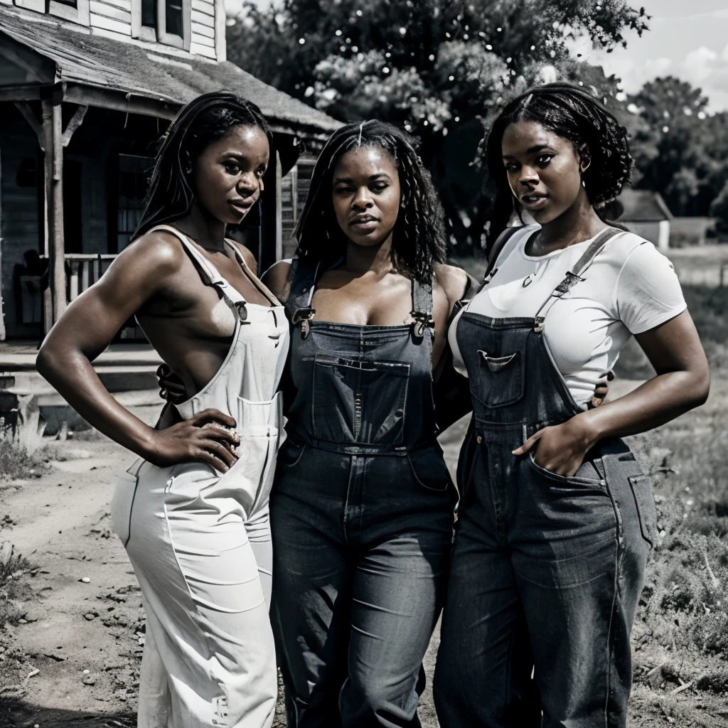 Large family of sexy strong black people, black and white filter, year 1863, countryside, thicc, sexy old fashioned clothes, sexy overalls, sweat