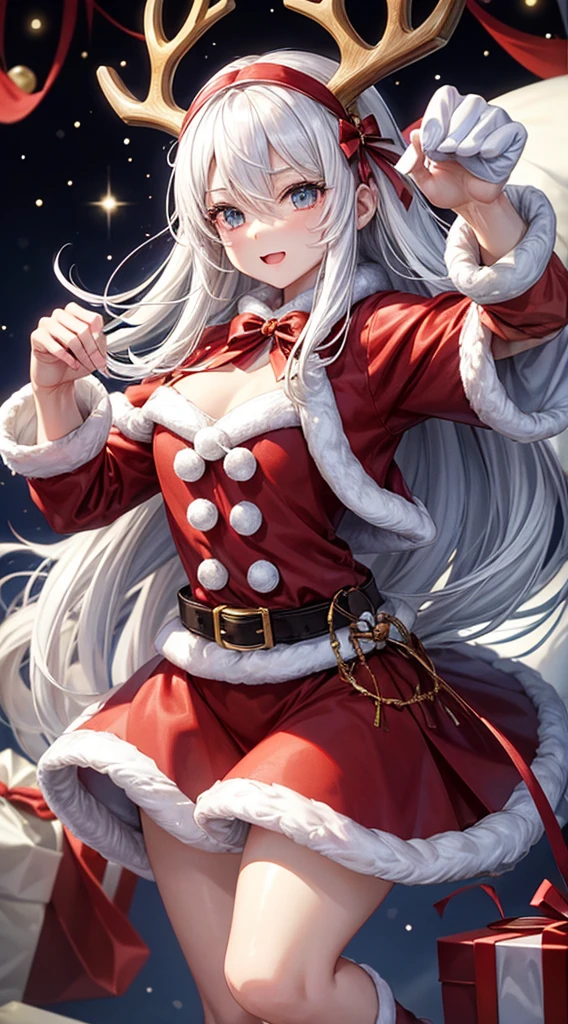 top-quality、white  hair、Whitehair、well-muscled、santa claus、Gift bag、Reindeer pulling a sleigh、scurry、dynamic quality
