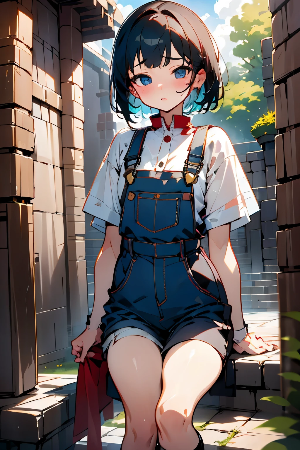 1girl in, Breathtaking cuteness, face perfect,, Japanese,ars, A sexy, ciinematic light, short-haired, small tits、Ultra small size 、Wearing overalls、Stonewash、((Climb on top of the person watching you))