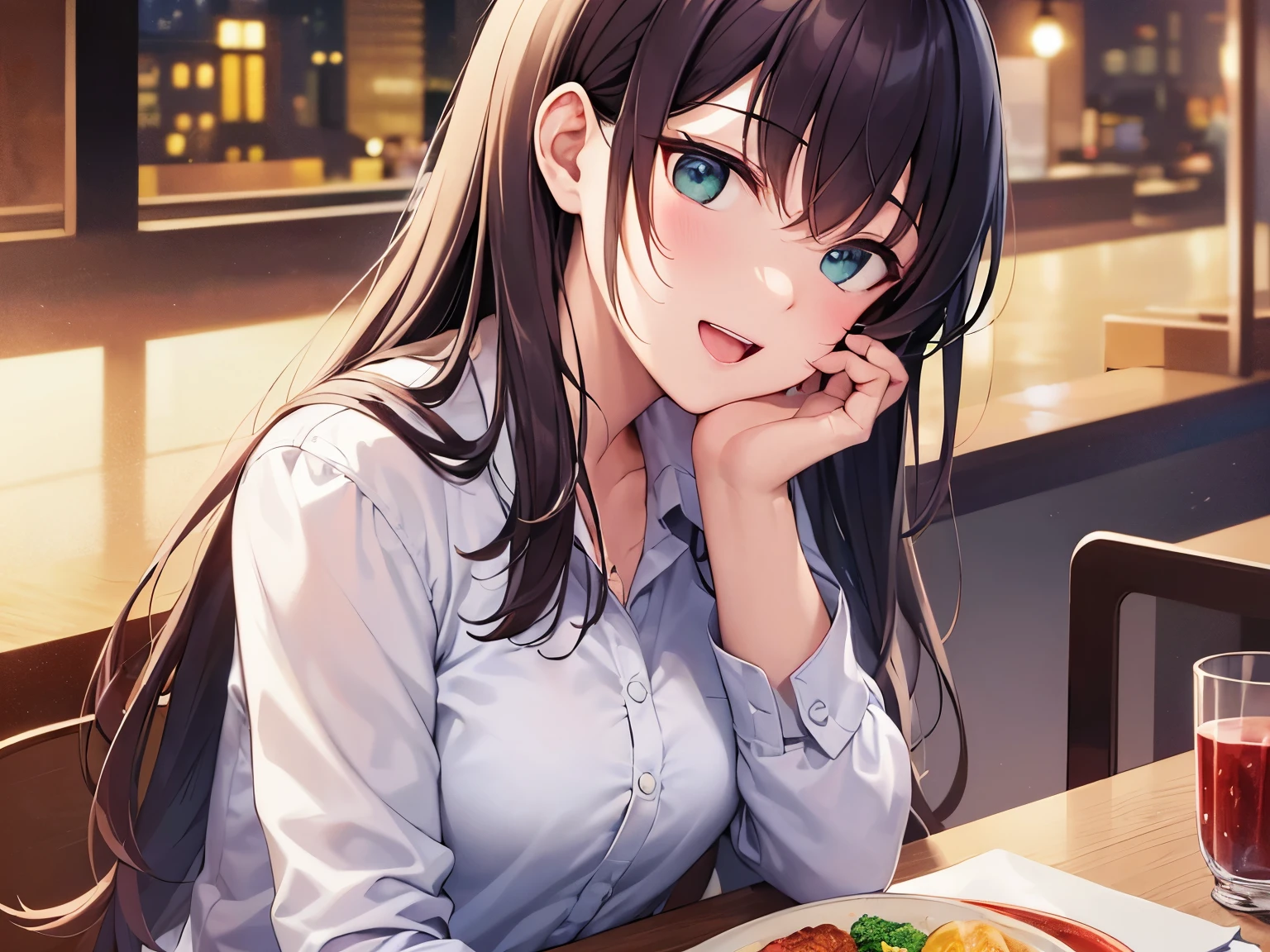dutch angle, (night:1.5), Staring、​masterpiece、top-quality、 A 40-year-old green-eyed woman with wavy lobed brown bangs.、Wearing a gray suit、Wears a white shirt、smile、open mouth, The background is a restaurant、Sitting in front of a table、Bold composition、Upper body is shown、Alone、
