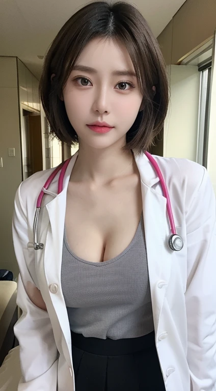 Photorealsiticな美しい医師、stunningly beautiful、doctors white coat, Doctor Fashion、(top-quality、8K、32K、​masterpiece、nffsw:1.3)、超A high resolution,(Photorealsitic:1.4),Raw photography, Detailed face,,Beautiful short hair, ((Doctor Style)), , tight skirts、 Natural makeup, Breast cleavage, medium full breasted、inside hospital,