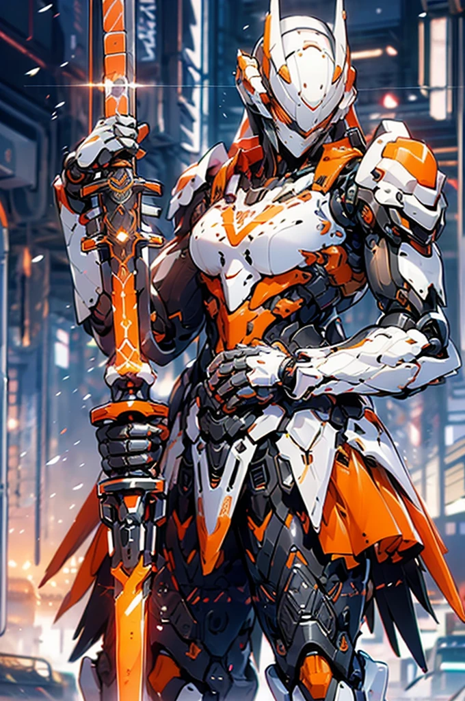 mecha musume, 1 girl, beautiful face, bare face, long hair, science fiction, weapon, long sword, holding sword, orange eyes, solo, headgear, holding weapon, mecha, standing