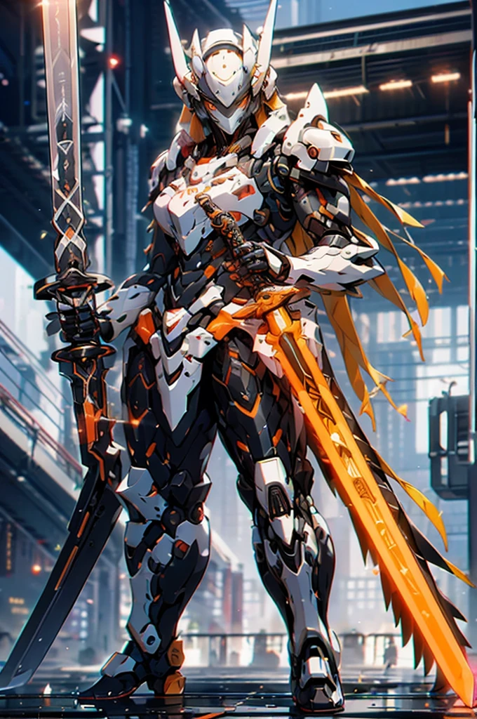 mecha musume, 1 girl, beautiful face, bare face, long hair, science fiction, weapon, long sword, holding sword, orange eyes, solo, headgear, holding weapon, mecha, standing
