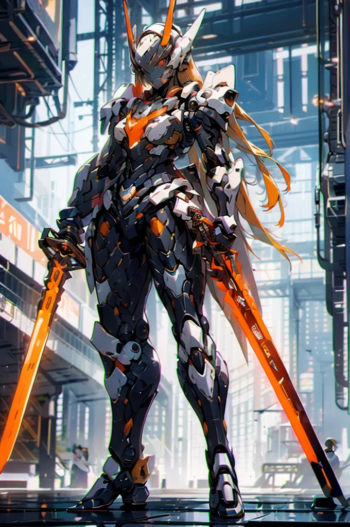 mecha musume, 1 girl, beautiful face, bare face, long hair, science fiction, weapon, long sword, holding sword, orange eyes, solo, headgear, holding weapon, mecha, standing
