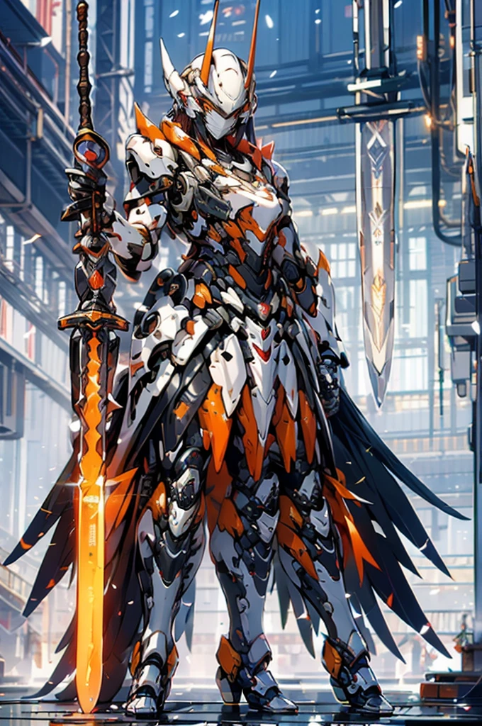 mecha musume, 1 girl, beautiful face, bare face, long hair, science fiction, weapon, long sword, holding sword, orange eyes, solo, headgear, holding weapon, mecha, standing