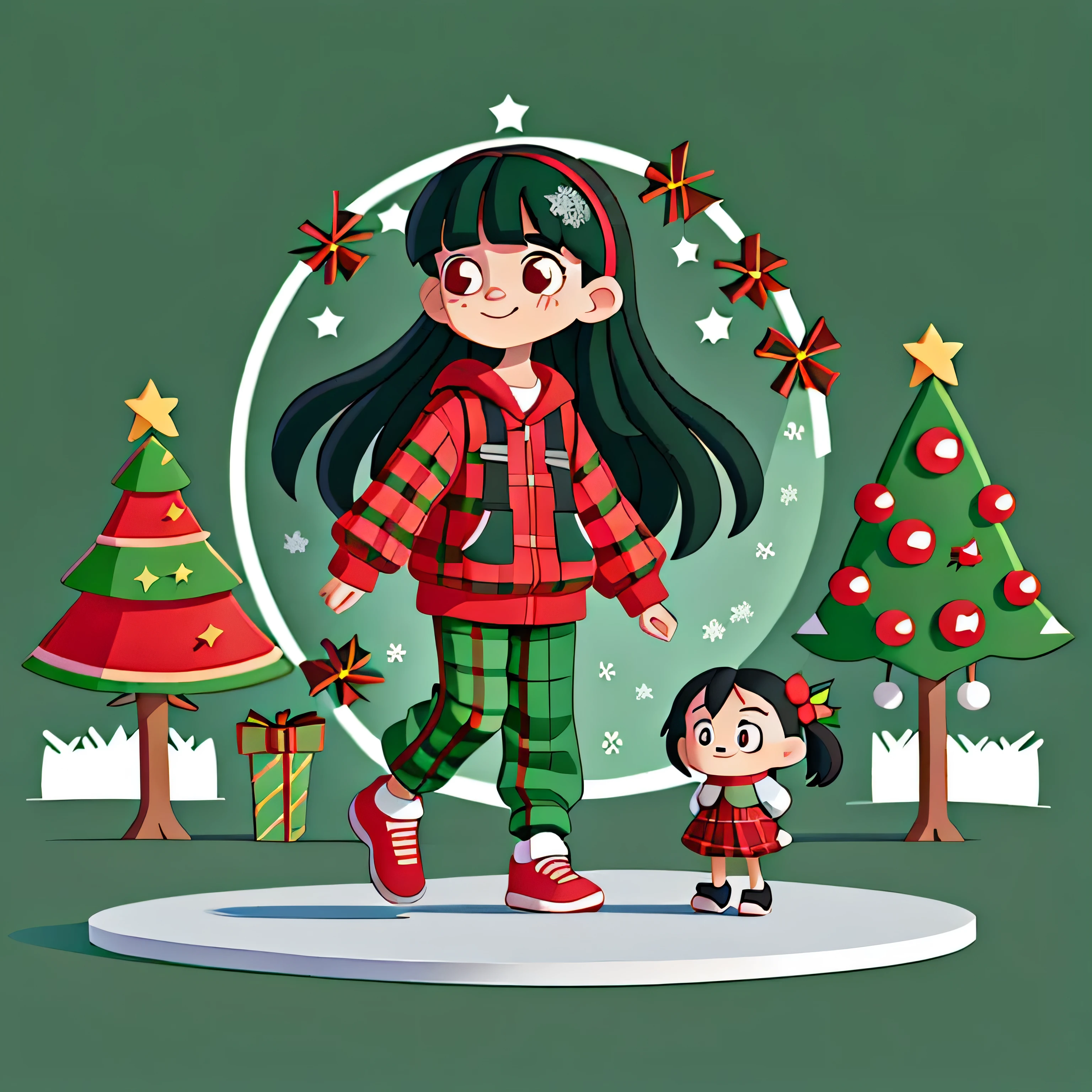 Girl with long black hair，Wear red plaid long-sleeved sportswear，Green plaid long sweatpants，playground（Hand holding Christmas flowers）（Christmas tree）in the early morning，（There is love）Happy，Surrounded by love，Surrounded by love，O sign，vector，line art，designs，inspiration，straight line，RHAD