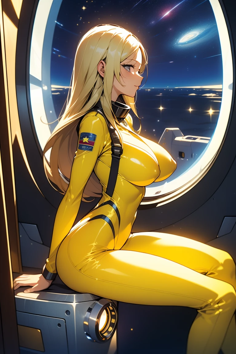 (masutepiece, Best Quality:1.2), (Cowboy Shot:1.1), Solo, 1girl in, mori yuki, slight smile, Closed mouth, Side view, Looking at Viewer, Blonde hair, Long hair, Thigh gap, Yellow bodysuit, skin-tight, Perfect body, Large window, (starship porthole:1.3), (Spread legs:1.3), (Standing:1.1), Thigh gap,  Pose, from side view, Perfect hands, Bright spaceship interior, (outer space view:1.1), (orbital view:1.3), (Night, stary sky:1.5), Milky way,(Big breasts,erectile nipple:1.5)