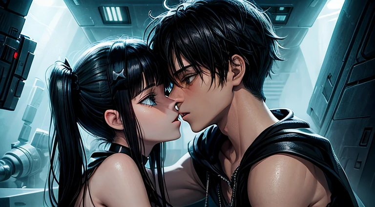 a teenager girl in black pigtails kissing an emo teenager male guy, spaceship, space ship, futuristic