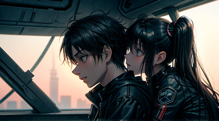 a teenager girl in black pigtails kissing an emo teenager male guy, spaceship, space ship, futuristic