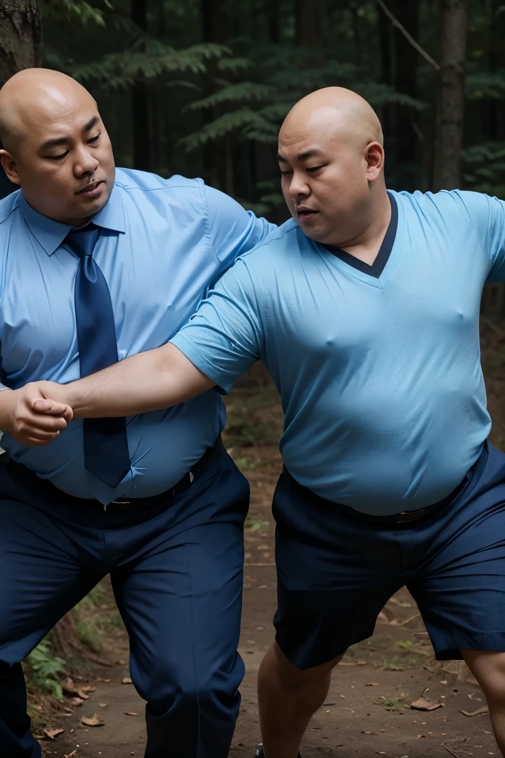 Two fat Chinese bald men wearing light blue shirts and dark blue ties hit each other in the stomach in the forest