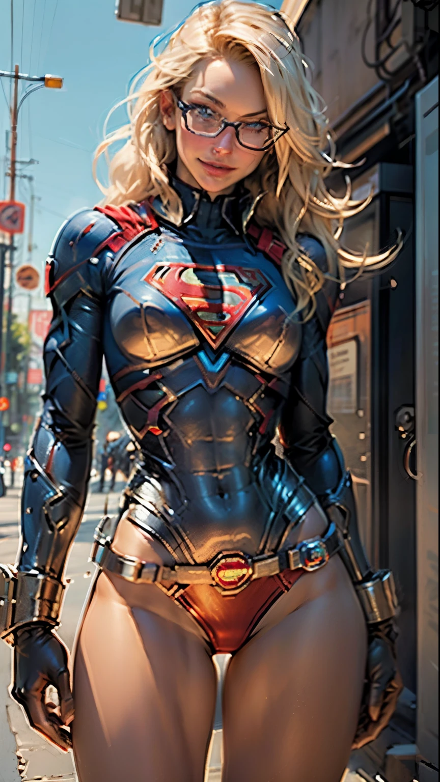 Supergirl (nsfw: 1.1) body set thick thighs cybernetic body parts, short underwear, blonde with blue eyes, superman S symbol on the chest, detailed face, gorgeous, gorgeous and sexy smile, glasses, skin pore detail,