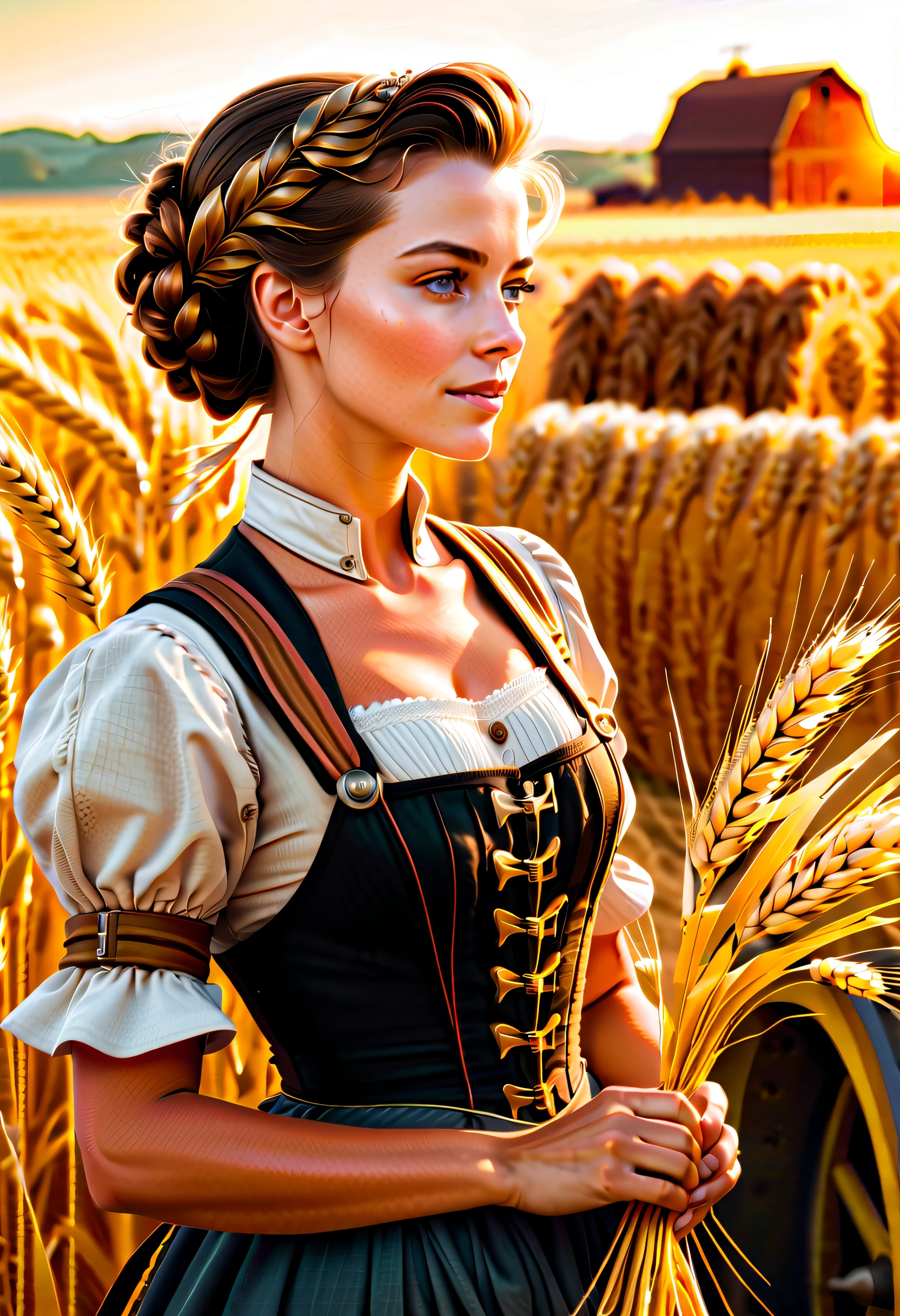 Practical steampunk details, farm life, Profile of a good-looking farmer woman, Satisfied face, get the wheat harvest, neorococo dress, Dynamic Angle, Harvest of golden wheat, golden hour and lighting, cinematic still, Beautiful detail glow, A hyper-realistic, Everything is shot in sharp focus、is depicted, Detailed digital vector scan art. High contrast, Highest Quality,
