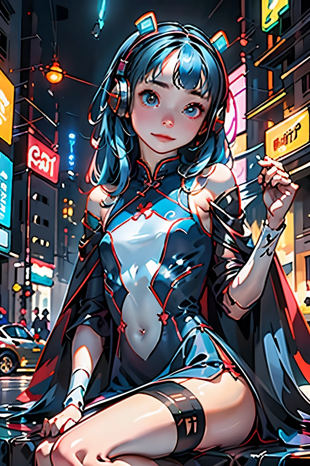1 girl, Chinese_Clothes, metallic black titanium and pink, cyberhan, Cheongsam, Cyberpunk City, Dynamic Pose, (((Detailed blue light-emitting headphones, Bright blue hair accessories))), Long hair, Luminous earrings, glowing necklace, Cyberpunk, High-tech City, Full of mechanical and futuristic elements, Futuristic, Technology, glowing neon, Pink, Pink light, sexy skirt, translucent black cape, laser lights, digital background sky, Big Moon, with vehicle, Best Quality, masutepiece, 8K, character edge light, Super High Detail, High quality, the most beautiful woman in human beings, Smile, face facing front and left and right symmetry, ear decoration, long antenna glow, Beautiful pupils, Light Effects, Visual data, Silver-Red Orange Hair Dye, ultra-detailed facial texture, Happy and proud, arma , crowded street aisle, Mecha style, Wearing glowing antennae on the head, Back Injector, Girly sitting position, Side leg shrinkage