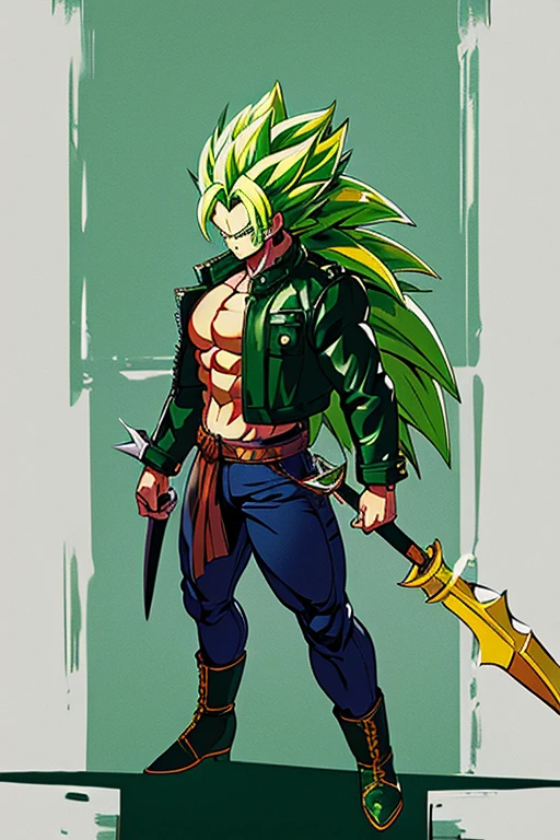 Highly detailed, (masterpiece), best quality, expressive eyes, perfect face, 1man, Spiked hair, Long hair, Super_Saiyan_Trunks Green hair, green eyes, Bulky Body Builder Masculine body, Green leather Jacket & Jeans, Holding a Gigantic Battle Axe Spear Hammer, combat boots, full body, back view