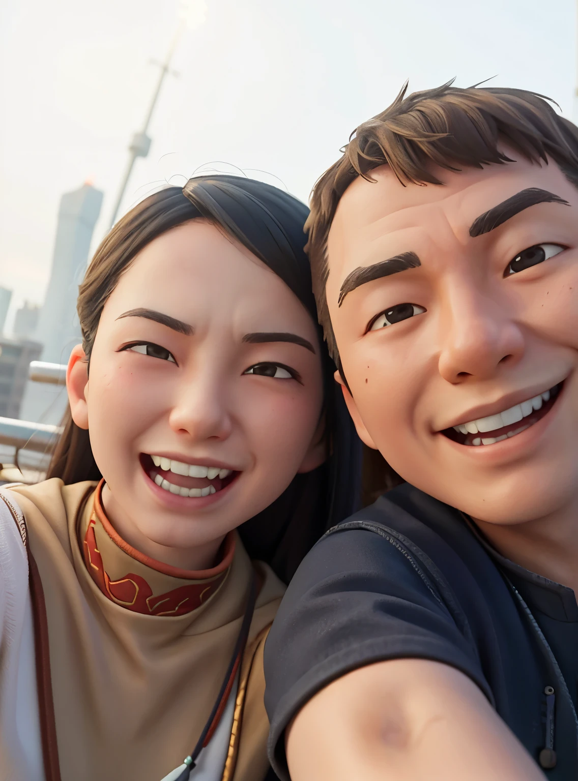 there are two people that are smiling for the camera, 8k selfie photograph, tyler edlin and natasha tan, ruan jia and brom, both smiling for the camera, jordan grimmer and natasha tan, selfie shot straight on angle, not blurry, ruan jia and mandy jurgens, on rooftop, selfie photo, pov photo, very very low quality picture