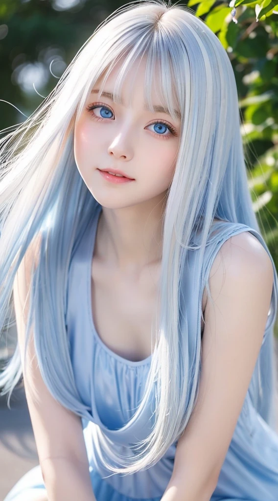 shiny transparent white skin、Wind hair gets in the way of a pretty face、Colossal、20 year old cute sexy little beautiful face、Beautiful straight hair that shines、grand, bright light blue eyes、Long silky bangs covering cute eyes, Sexy face hiding hair super long hair sexy cute young woman long natural blonde shiny shiny hair